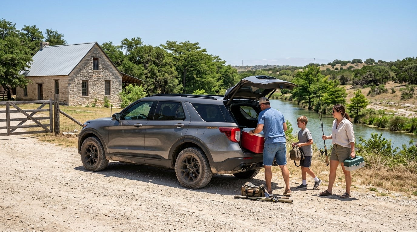 A family of three unloading fishing gear from a grey SUV near a river and stone farmhouse.