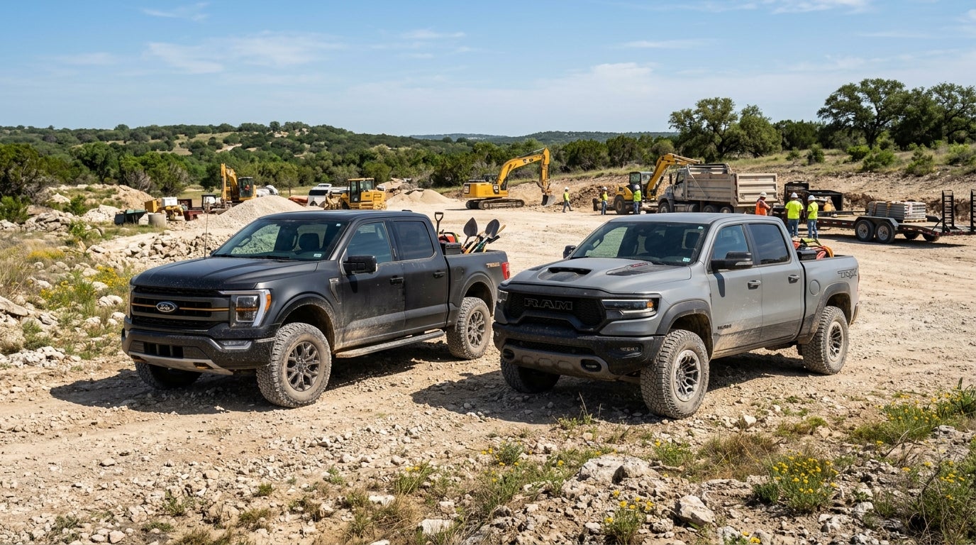 A black Ford F-150 Tremor and a gray RAM TRX parked at a rocky construction site with excavators in the background.