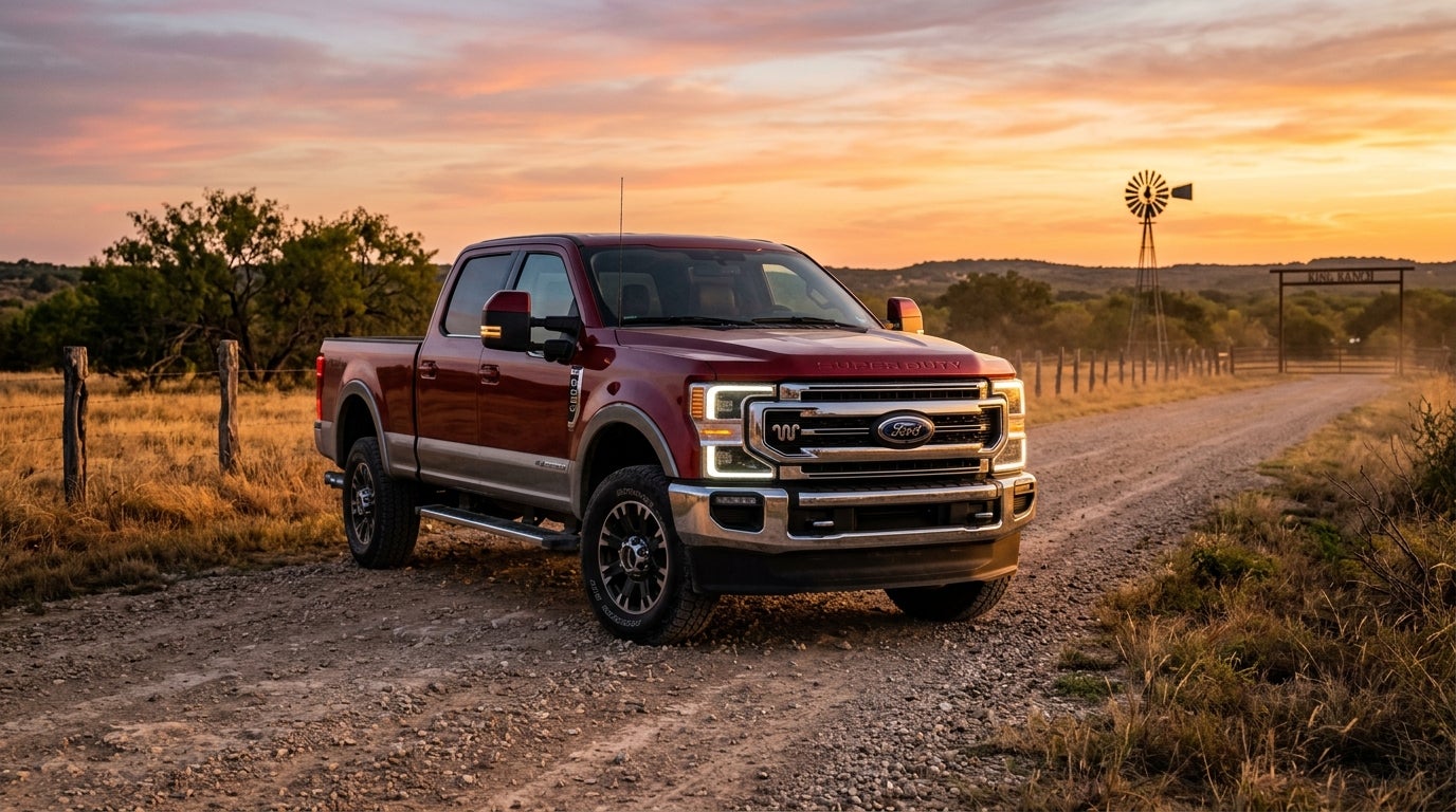 Red Ford Super Duty pickup truck on a dirt ranch road at sunset with a windmill in the background.