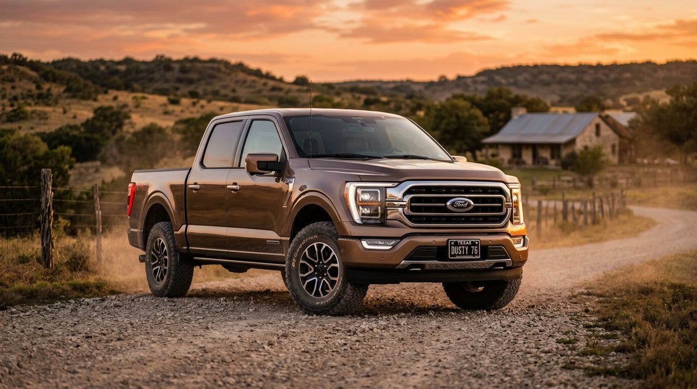 A bronze Ford F-150 pickup truck parked on a gravel path in a Texas rural landscape at sunset.