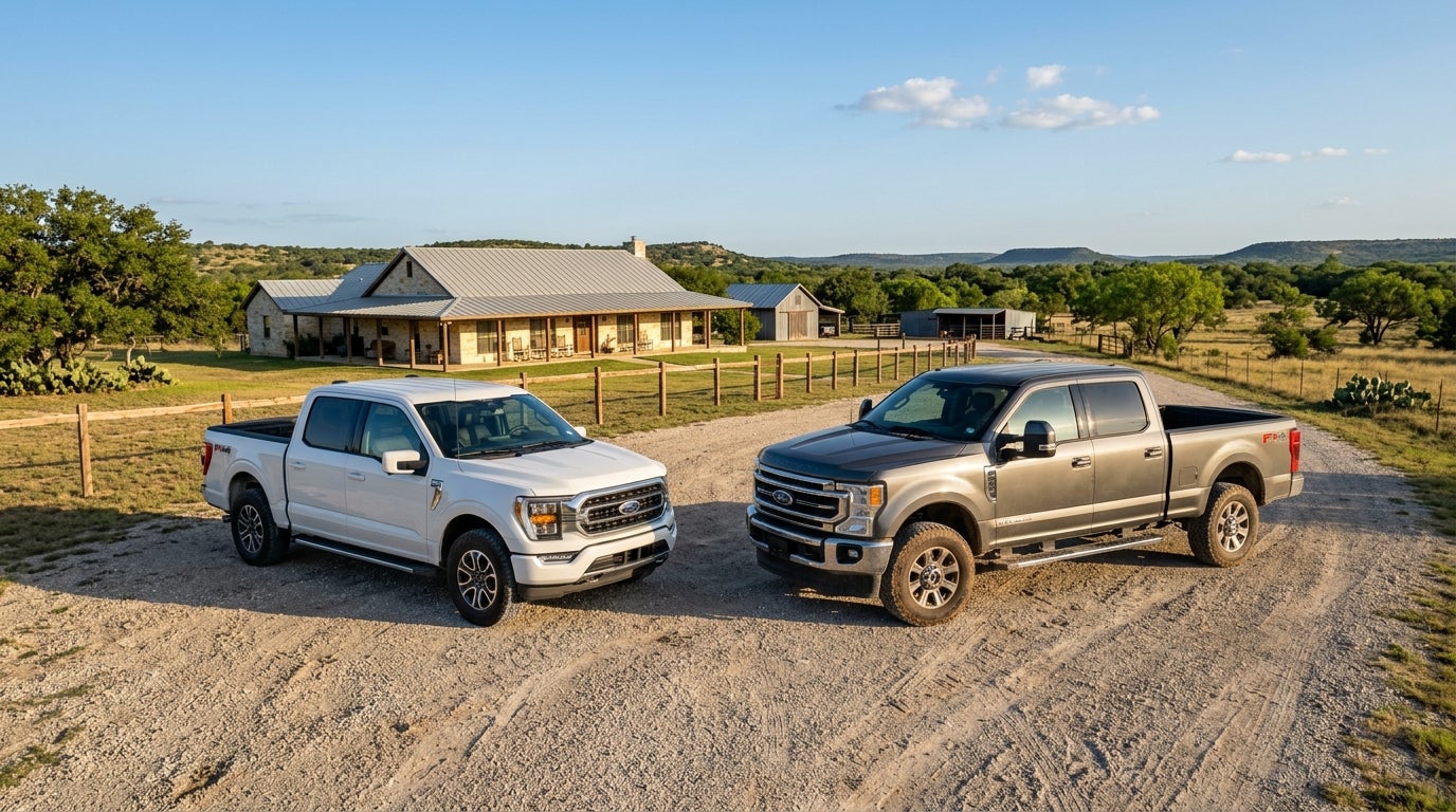 White Ford F-150 and grey Ford Super Duty parked on a gravel driveway in front of a ranch house.