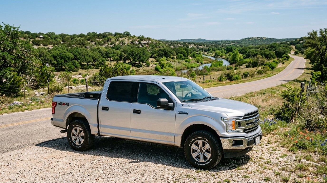 Silver Ford F-150 parked on a gravel roadside overlooking a winding river and rural hills.