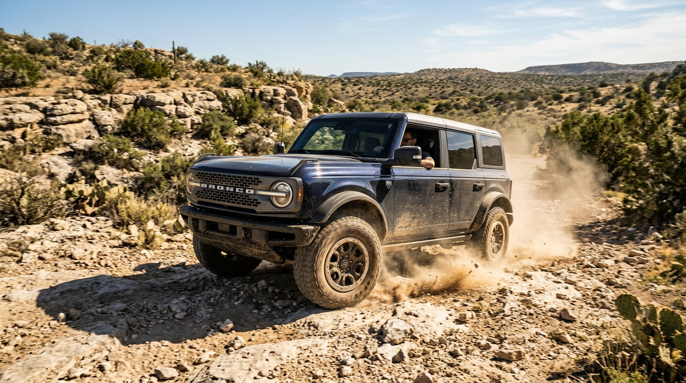 A dark blue Ford Bronco driving over rocky desert terrain, kicking up a cloud of dust behind it. (Representative image for illustration purposes only. Actual vehicle may vary based on trim and configuration.)