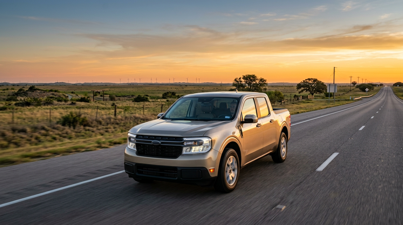 A tan Ford Maverick pickup truck drives down a rural highway at sunset. (Representative image for illustration purposes only. Actual vehicle may vary based on trim and configuration.)