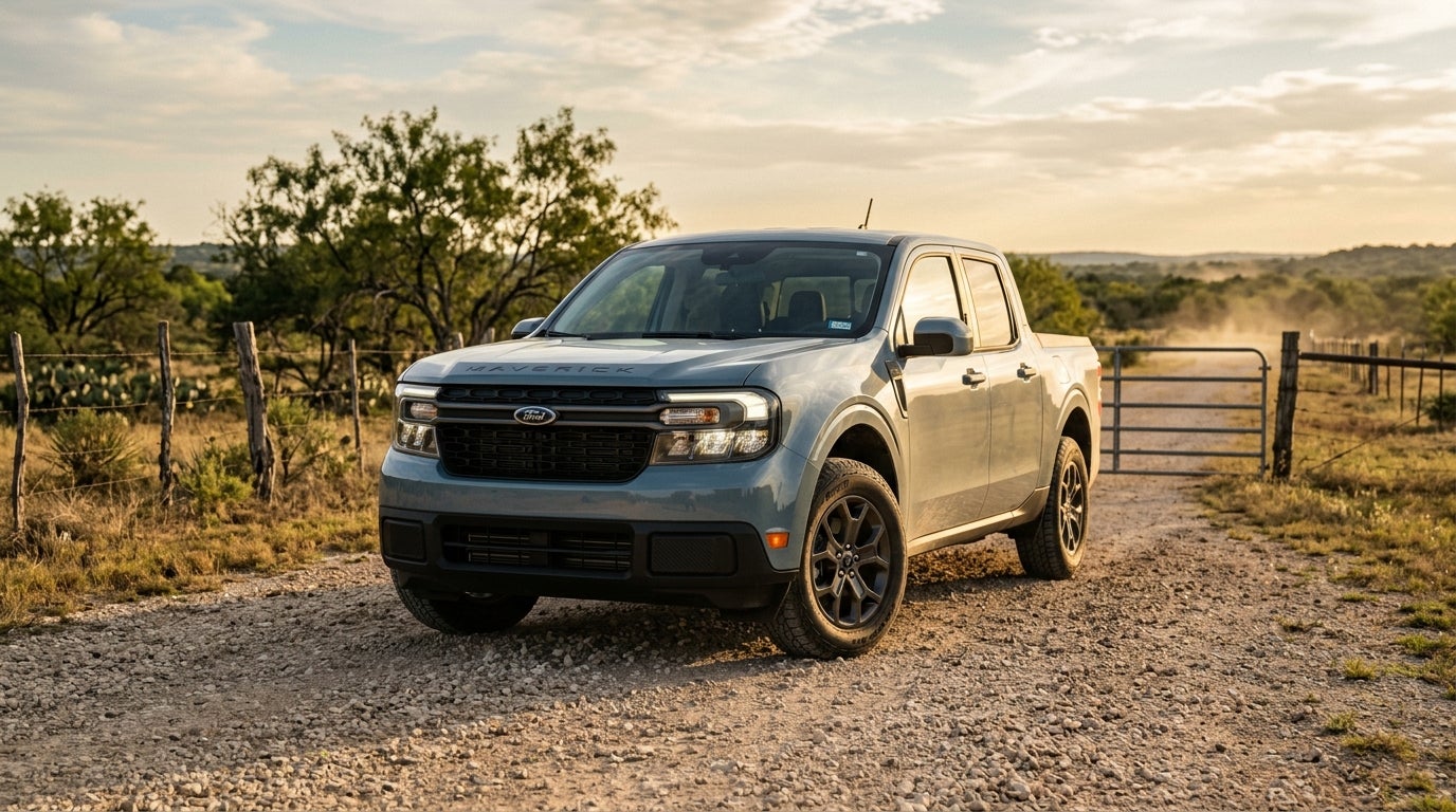 A light blue Ford Maverick pickup truck parked on a gravel path at sunset in a rural landscape.