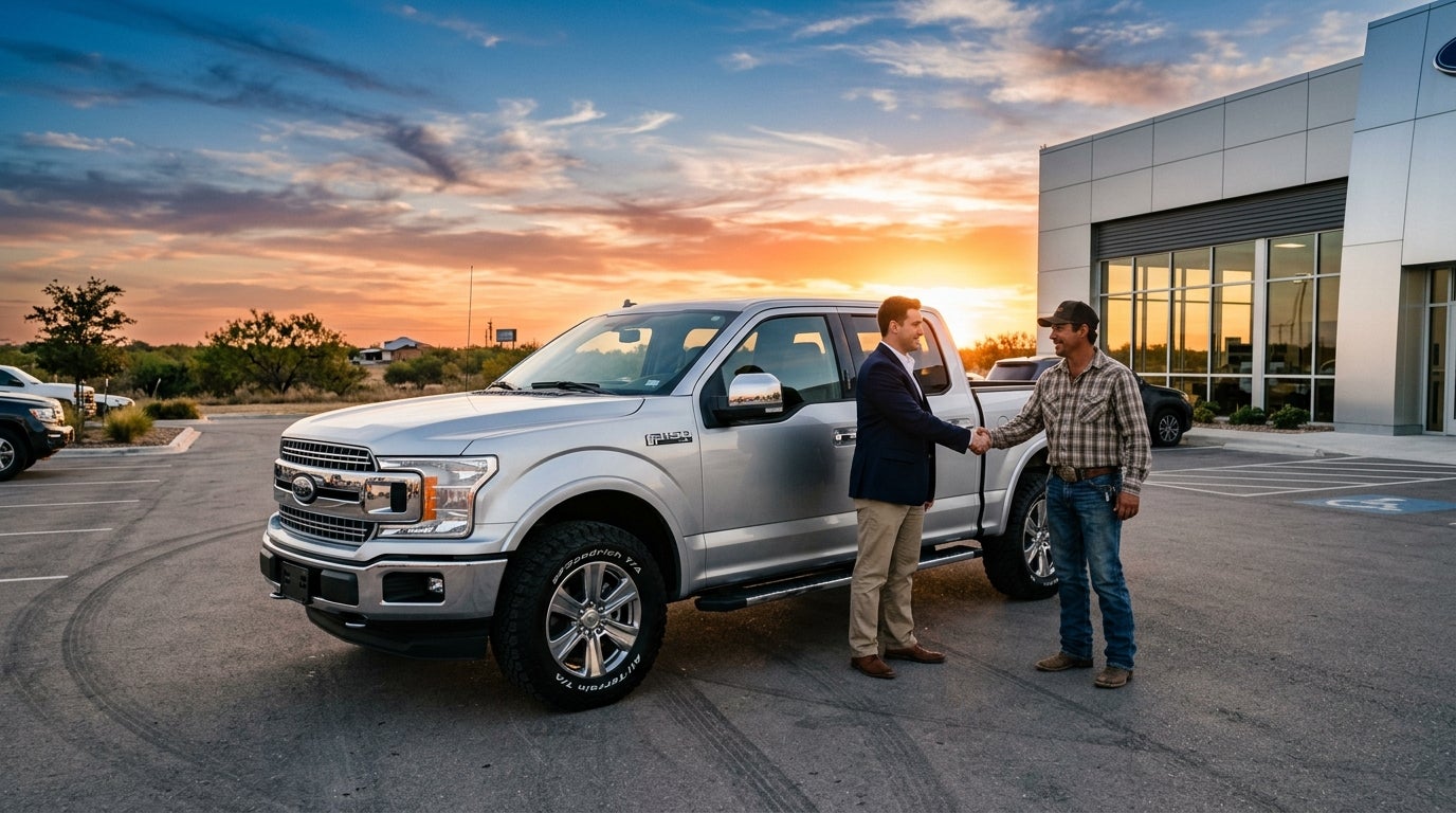 A car salesman shaking hands with a customer next to a silver Ford F-150 pickup truck at sunset.