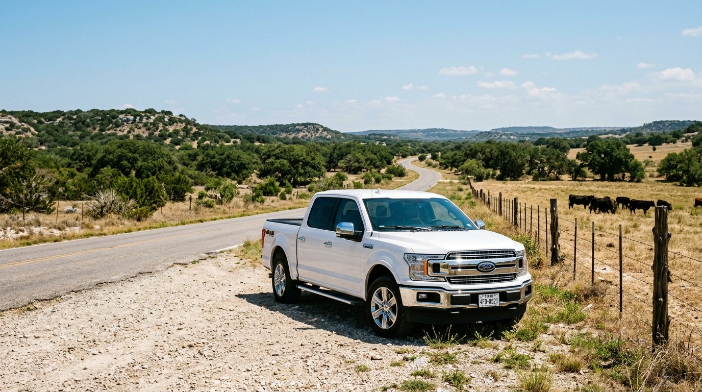 White Ford F-150 parked on a dirt shoulder next to a winding rural road and cattle pasture.