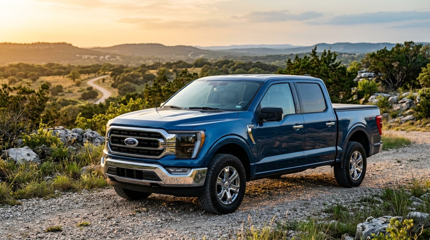 Blue Ford F-150 pickup truck parked on a gravel hill at sunset overlooking a scenic valley.