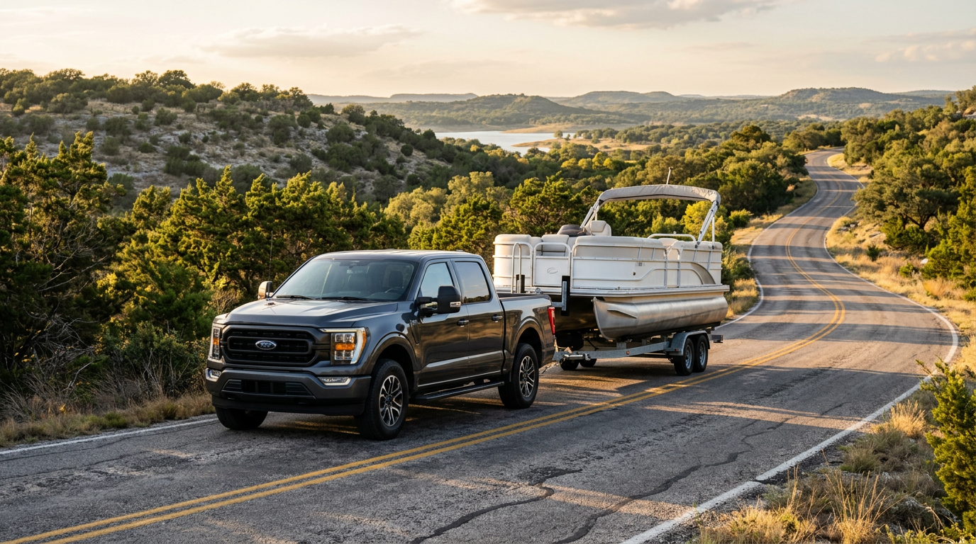 A dark gray Ford F-150 pickup truck towing a pontoon boat on a winding road with a scenic landscape. (Representative image for illustration purposes only. Actual vehicle may vary based on trim and configuration.)