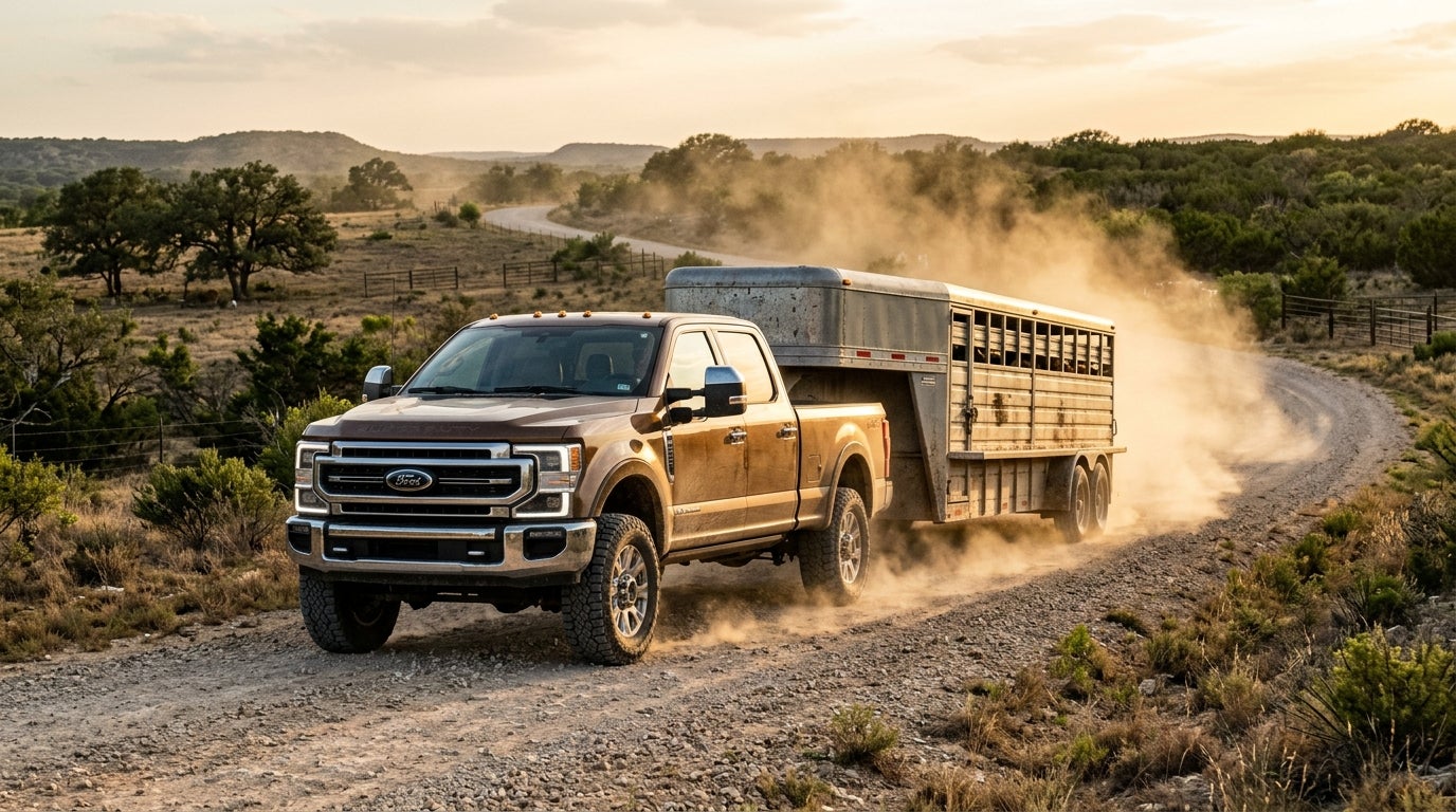 Brown Ford Super Duty truck kicks up dust while towing a livestock trailer on a rural gravel road. (Representative image for illustration purposes only. Actual vehicle may vary based on trim and configuration.)