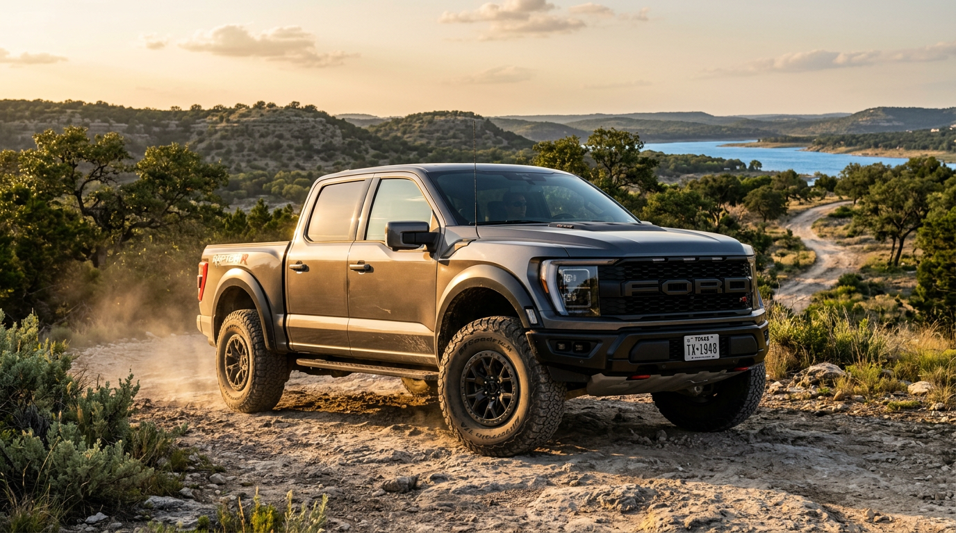 A grey Ford F-150 Raptor R driving on a dusty, rocky dirt trail in a hilly landscape during golden hour. (Representative image for illustration purposes only. Actual vehicle may vary based on trim and configuration.)