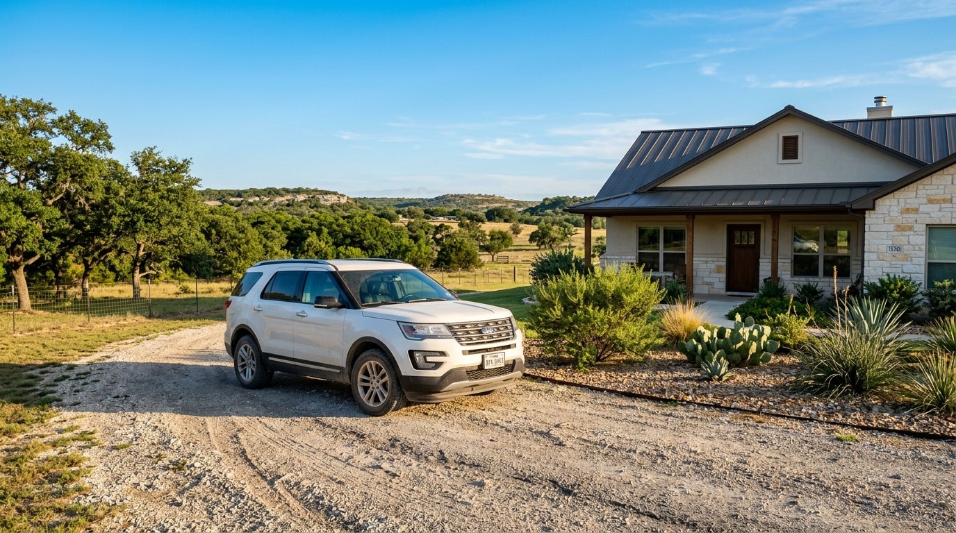 White SUV parked on a gravel driveway in front of a modern ranch house under a clear blue sky.