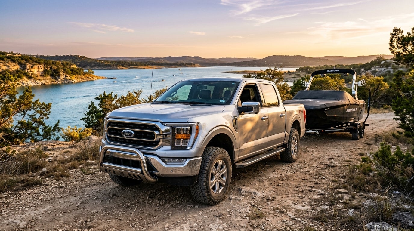 Silver Ford F-150 towing a MasterCraft boat on a dirt path overlooking a scenic lake at sunset.