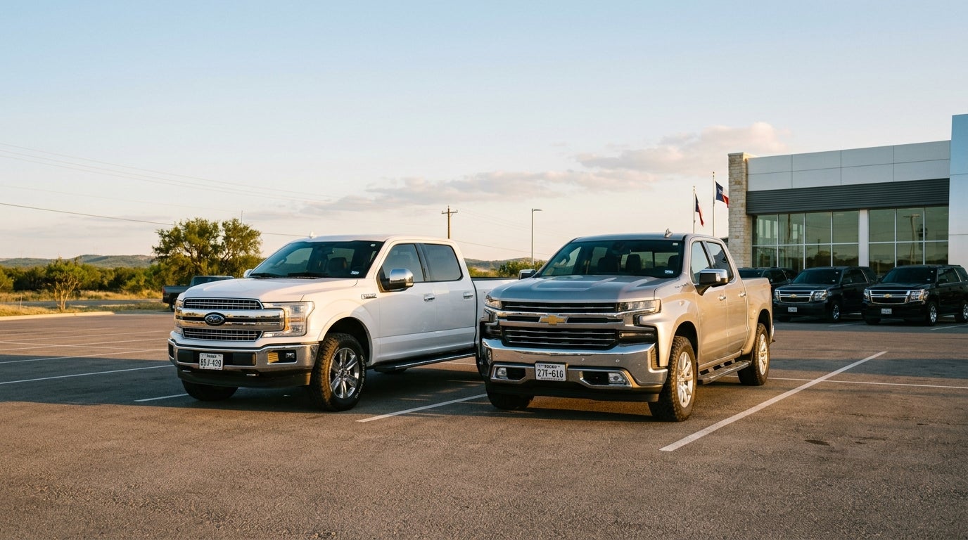 A white Ford F-150 and a silver Chevrolet Silverado parked side-by-side in a dealership lot