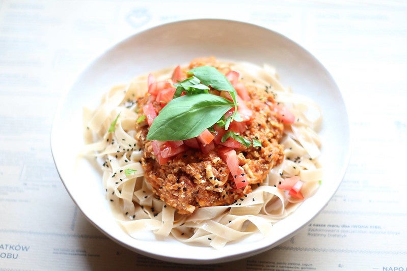 vegan gluten free italian pasta in a white bowl