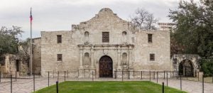 The Alamo building and grounds in San Antonio, TX. 