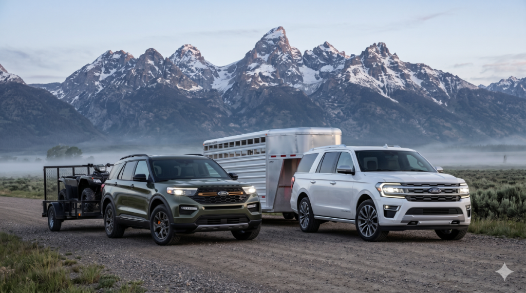 Ford Explorer vs Expedition towing with mountains in the background