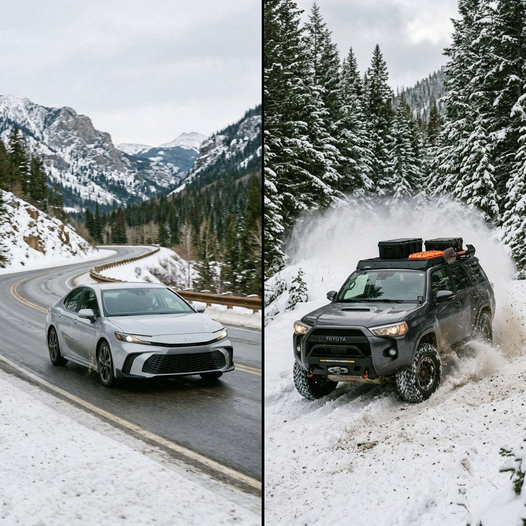 A silver Toyota sedan on a wet mountain road alongside a gray Toyota SUV driving through deep snow. (Representative image for illustration purposes only. Actual vehicle may vary based on trim and configuration.)