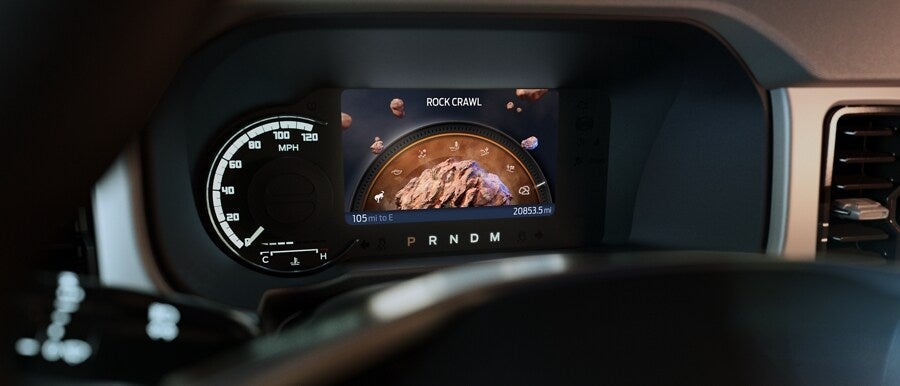 The dashboard of the Ford Bronco showing its in Rock Crawl mode. 
