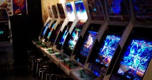 A row of arcade cabinets at an arcade bar in Wichita, KS