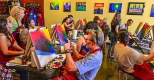 A group of people sitting at easels in an adult art class in Wichita, KS