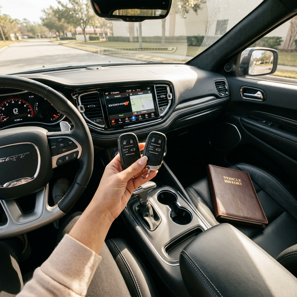 A person holding two key fobs inside a Dodge SRT vehicle, with a vehicle history binder on the passenger seat. (Representative image for illustration purposes only. Actual vehicle may vary based on trim and configuration.)