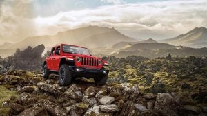 Red 2020 Jeep Wrangler on Rocky Mountain