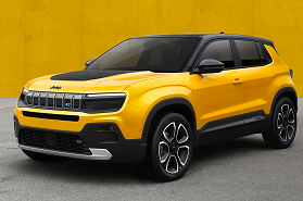 A front corner view of a yellow, all electric Jeep presented as a concept car