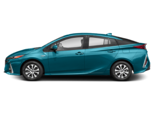 the side of a blue 2020 toyota prius prime hybrid vehicle