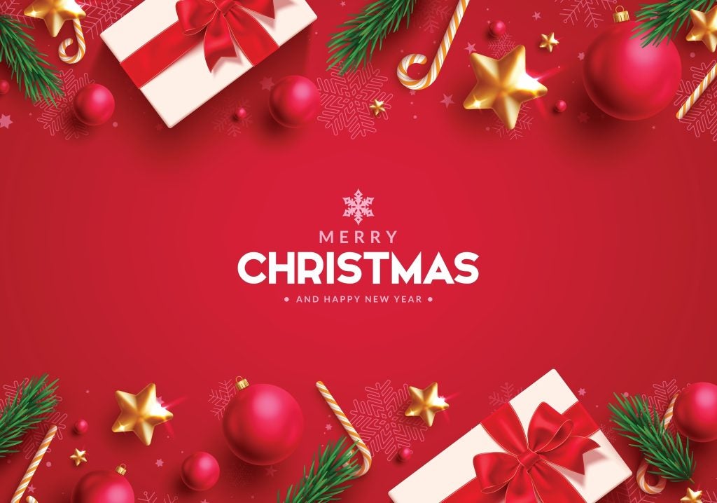 A Merry Christmas and Happy New Year card with red, green, and white decorations and gifts. - Jack Madden Ford Norwood, MA