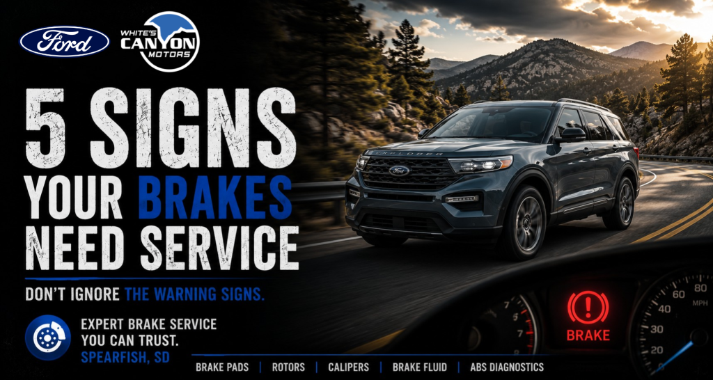 "5 signs your brakes need service" with ford explorer and visible brake warning light