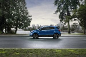 2021 Blue Ford EcoSport Driving Down the Highway
