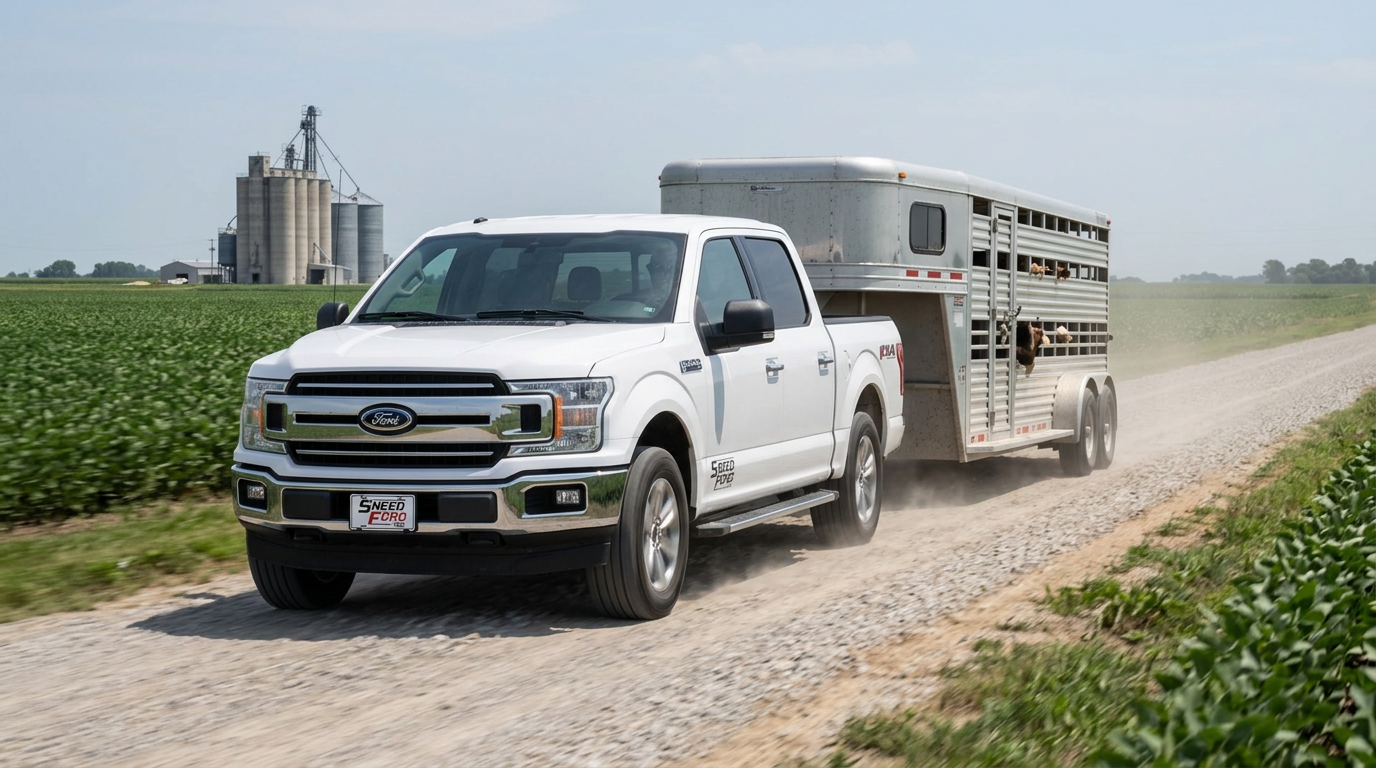 2026 Ford F-150 towing a trailer on a rural Missouri gravel road near Gower, MO — Dennis Sneed Ford