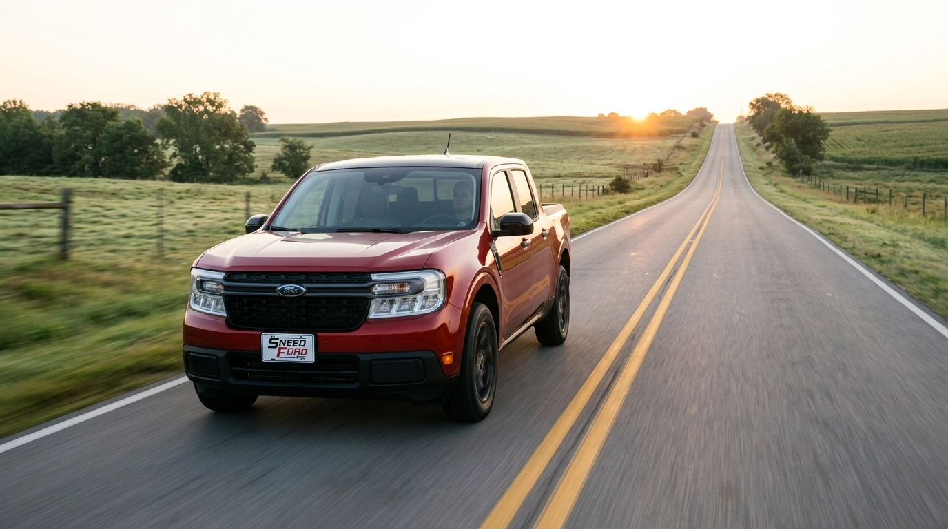 2026 Ford Maverick Hybrid driving on a two-lane Missouri highway in early morning light with a Dennis Sneed Ford dealer plate