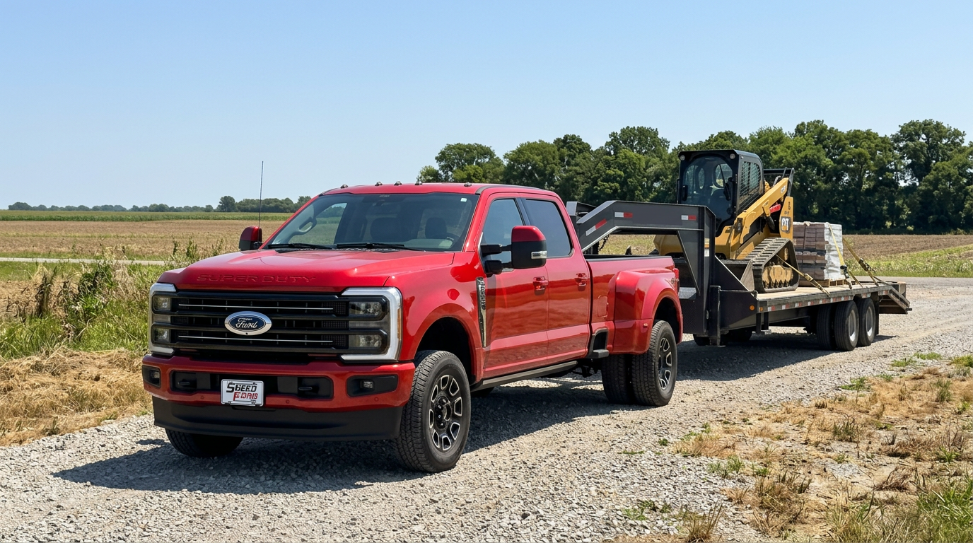 2026 Ford Super Duty F-350 towing a loaded gooseneck trailer on a rural Missouri job site