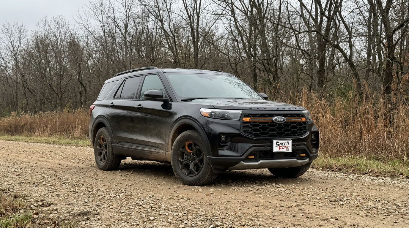 2026 Ford Explorer Tremor parked on a gravel road at the edge of a Missouri tree line with a Dennis Sneed Ford dealer plate