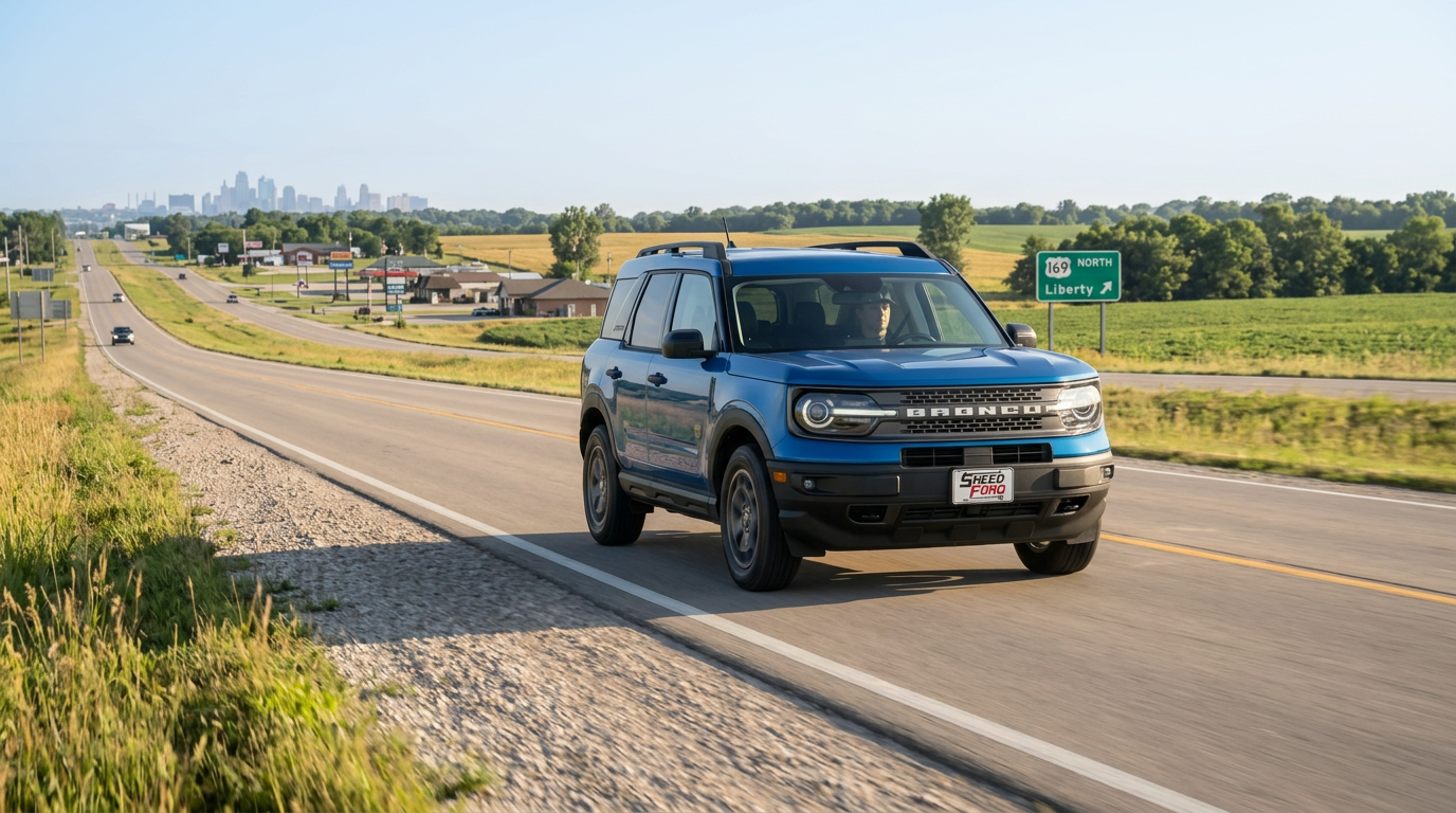 2026 Ford Bronco Sport driving north on US-169 out of the Kansas City metro toward Dennis Sneed Ford in Gower, MO