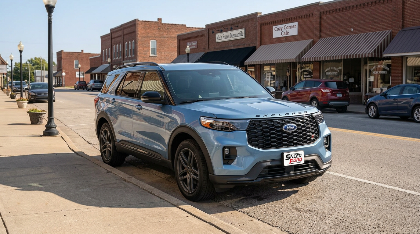 2026 Ford Explorer parked on a small-town Missouri main street with a Dennis Sneed Ford dealer plate