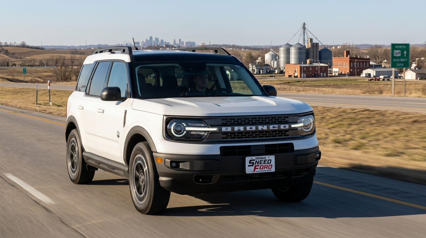 2026 Ford Bronco Sport driving on an open highway near Kansas City and Dennis Sneed Ford in Gower, MO