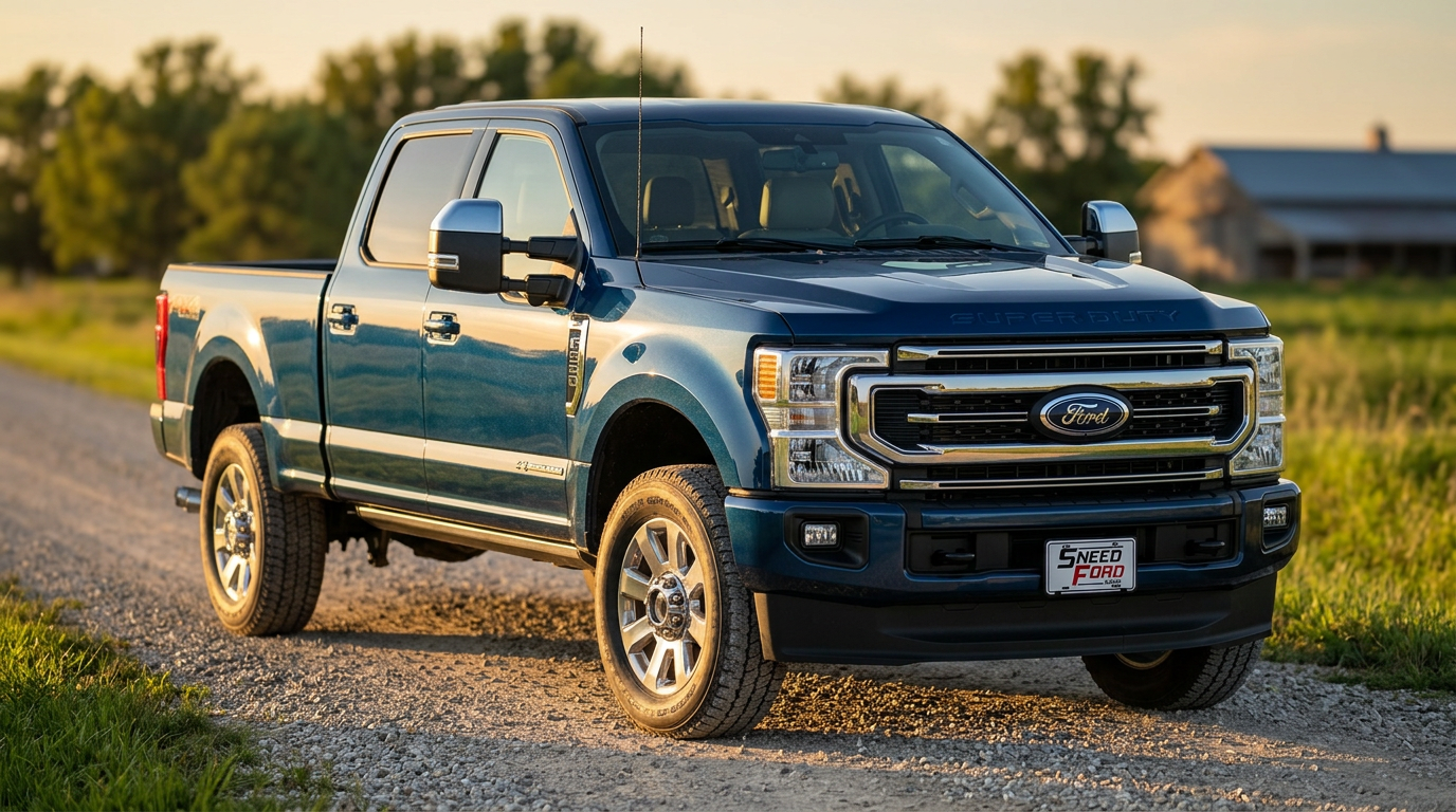 2026 Ford Super Duty F-250 in Argon Blue Metallic on a rural Missouri road near Gower