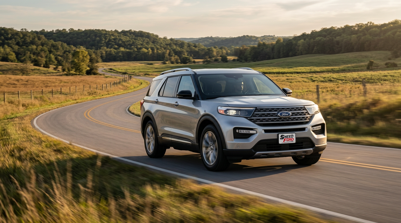 2026 Ford Explorer on the highway near Gower, Missouri, with a Dennis Sneed Ford dealer plate