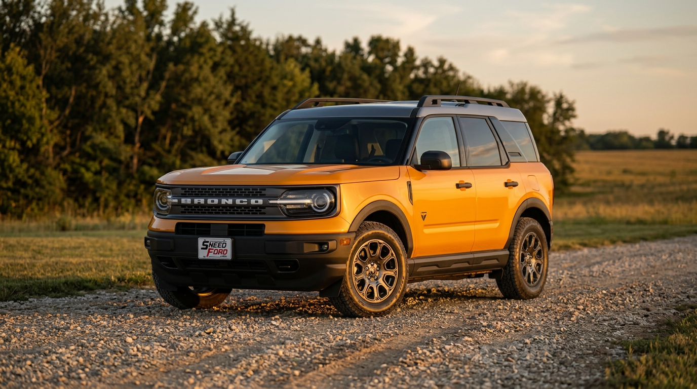 2026 Ford Bronco Sport in Orange Fury Metallic on a gravel drive in Northwest Missouri near Dennis Sneed Ford in Gower