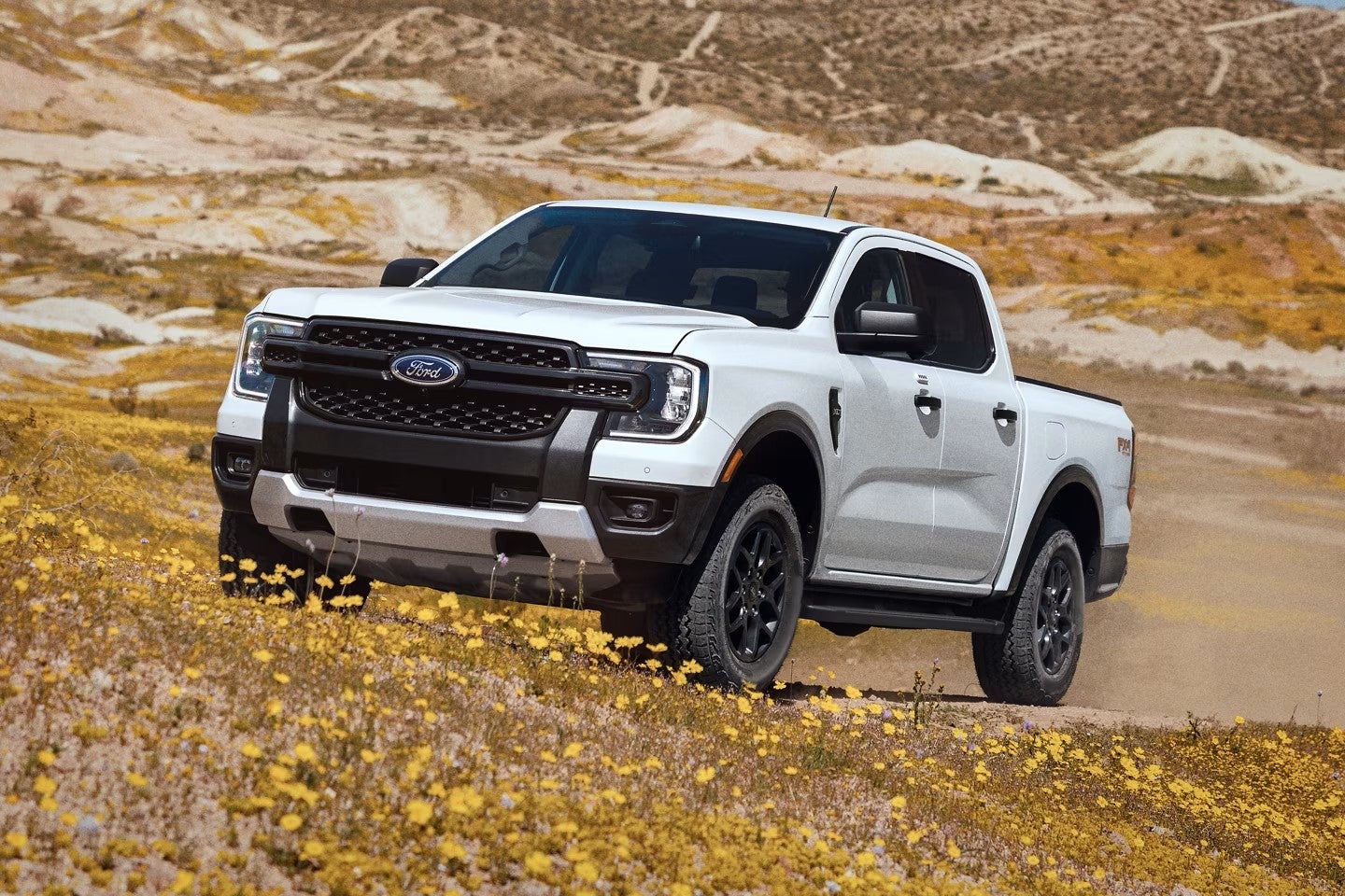 White 2024 Ford Ranger truck parked in a field
