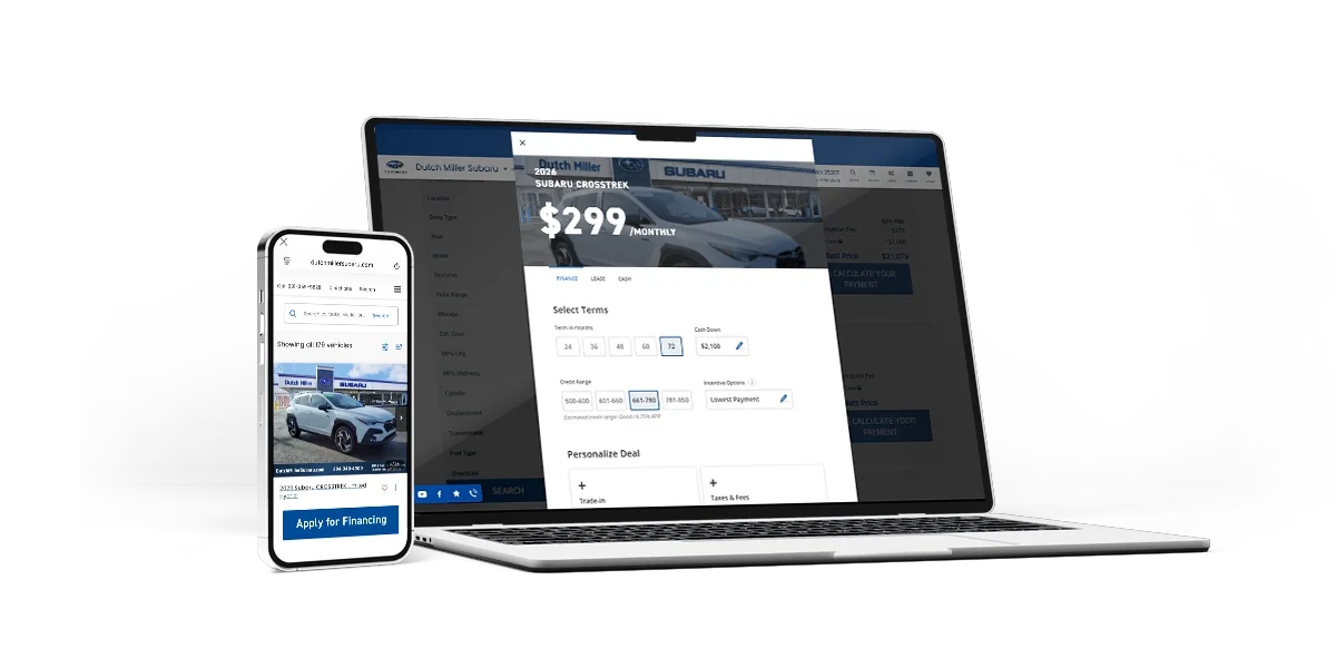 Laptop and phone showing the Dutch Miller Subaru online deal builder with a sample monthly payment