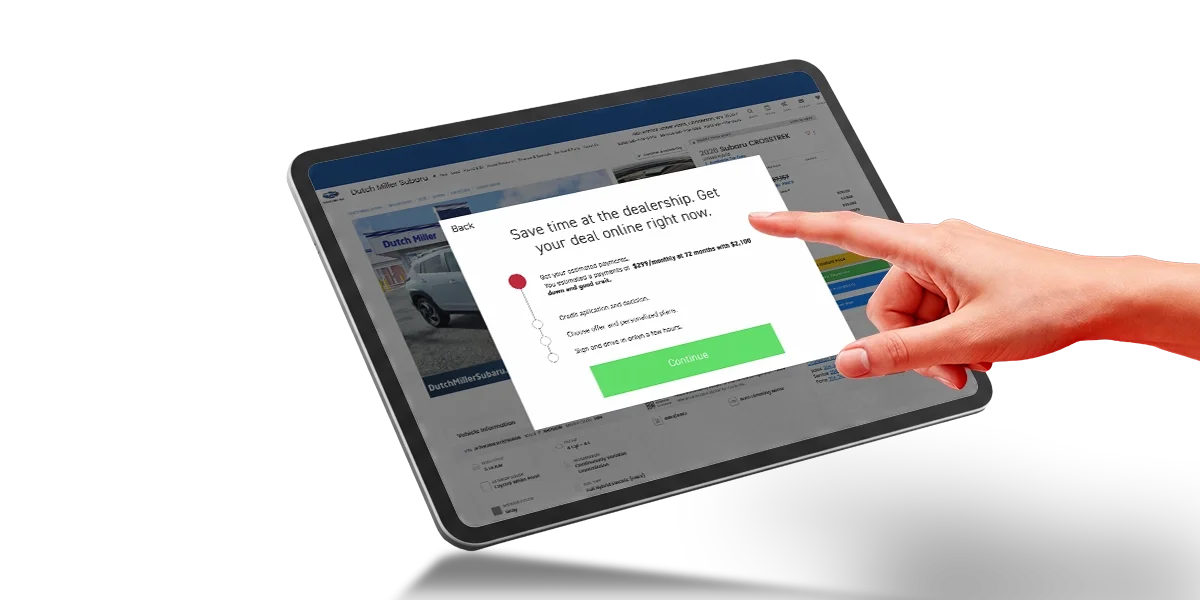 Tablet showing the Dutch Miller Subaru online buying steps with a Continue button