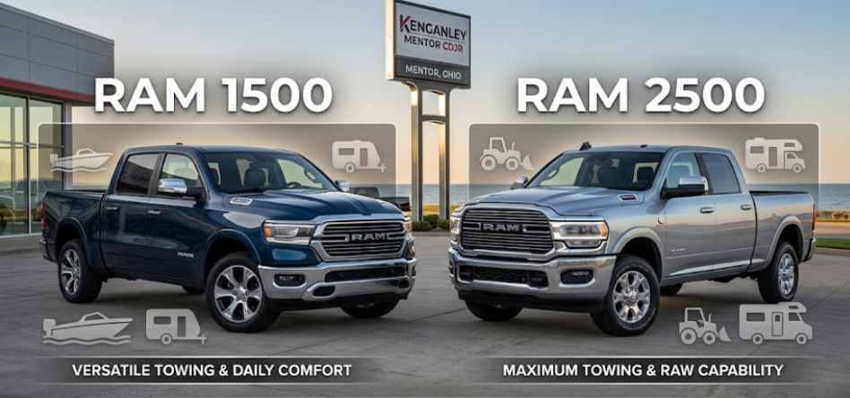 Compare the RAM 1500 and RAM 2500 to find the right truck for work, towing, and daily driving.