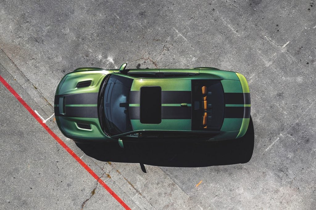 2020 Dodge Charger SRT Hellcat Widebody in F8 Green exterior color with dual carbon stripes