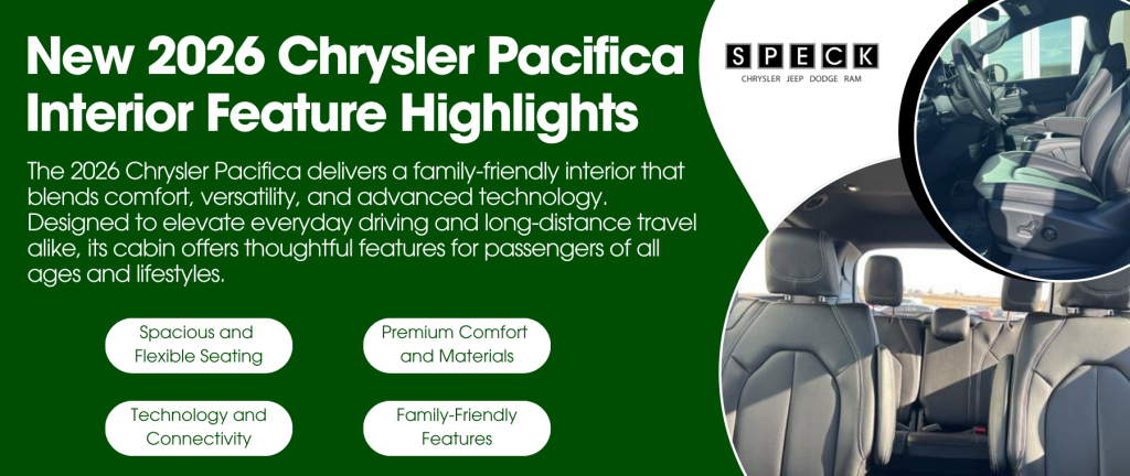 Informative graphic showing the new 2026 Chrysler Pacifica interior feature highlights