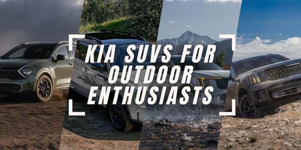 Hero image showcasing multiple Kia SUVs in outdoor environments, including off-road trails, grassy fields, and mountain landscapes, with the text ‘Kia SUVs for Outdoor Enthusiasts’ overlaid in bold white font.