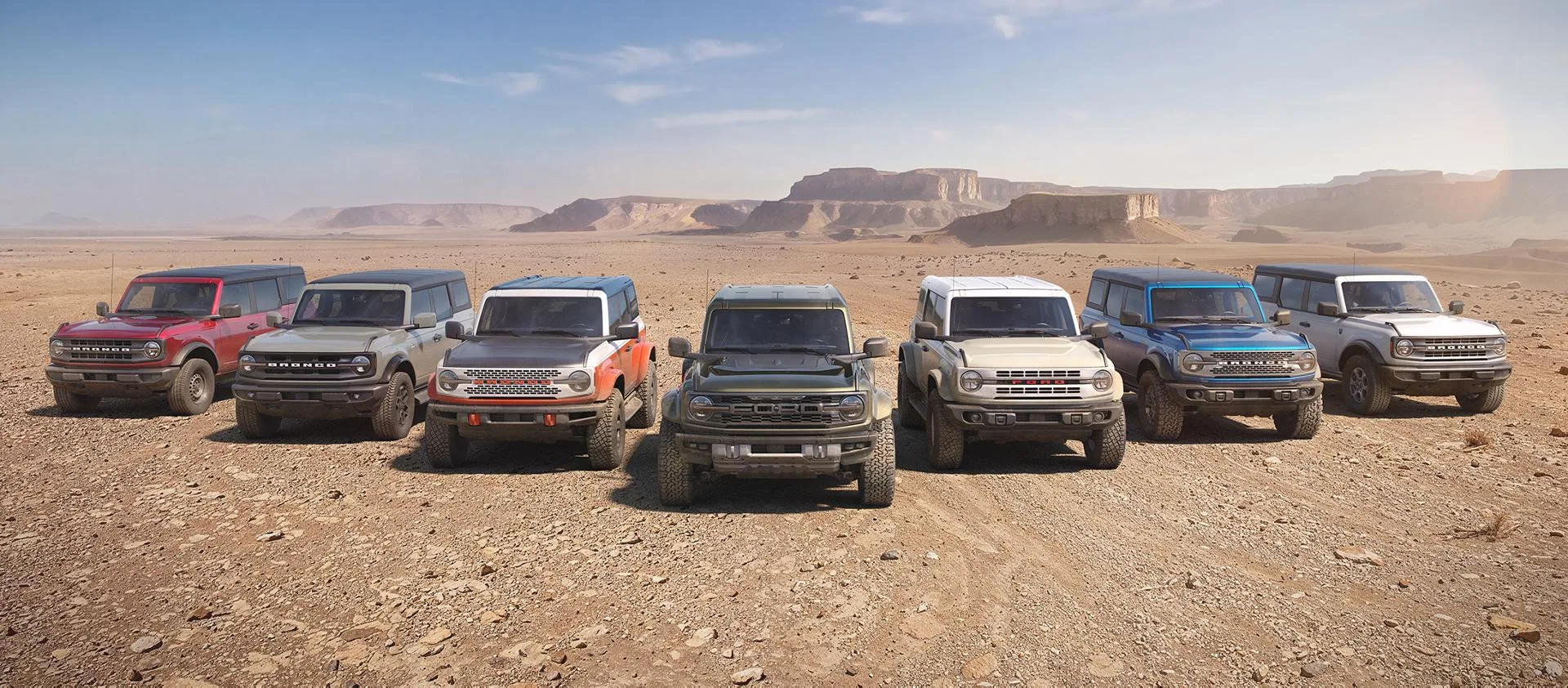 Seven new 2026 Ford Bronco models lined up